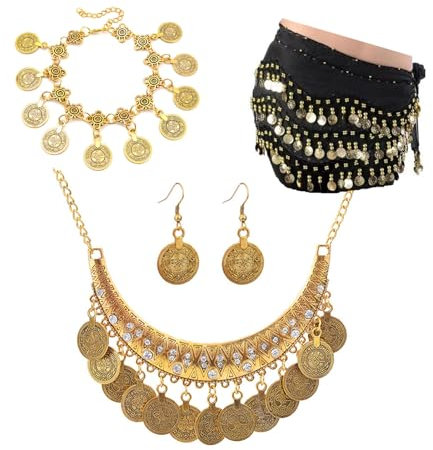 JinYu 5er-Set Bauchtanz-, goldener Hüftrock, Schal, Wickelgürtel, goldene Halskette und Ohrringe, Armband, Schmuck für Cosplay, Metall, Roter Achat
