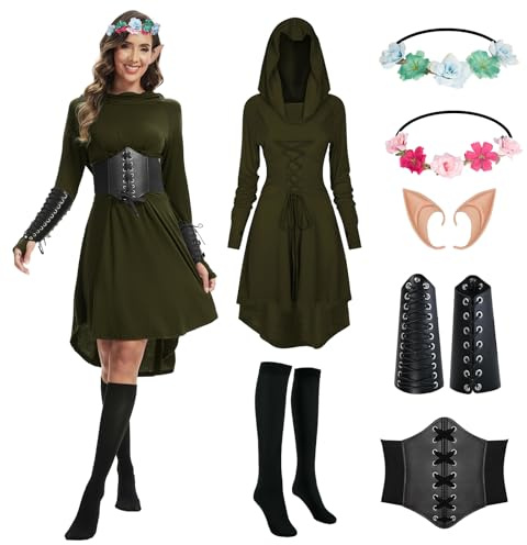 OPAEHJF Costume rinascimentale da donna medievale con cappuccio, abito gotico, cosplay, vintage, vittoriano, per Halloween e Carnevale (verde, XL)
