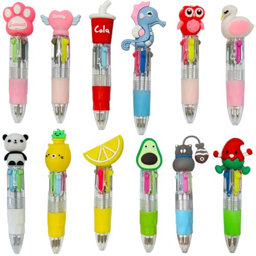 XYUXWLG Multicoloured Pens, 12 PCS Pens for Kids 4-Color Fun Cartoon Mini Retractable Ballpoint Pens, Party Bag Fillers for Kids Class School Supplies