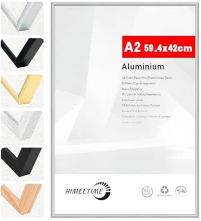 HIMEETIME® 1x Bilderrahmen DIN A2 42x59,4 cm Silber Metall Rahmen,Dokumentenrahmen 42x59,4 cm Groß Collage,Metallrahmen Alu-Bilderrahmen Aluminium,Picture Frame 42x60 Fotorahmen