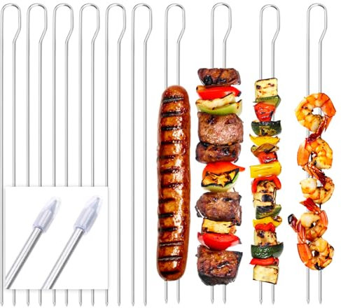 com-four® 10x spiedini per barbecue con manico - spiedini doppi per barbecue da 30 cm in acciaio inox 430 - spiedini shashlik con doppie punte per fissare carne (10 pezzi - ovale in acciaio inox)