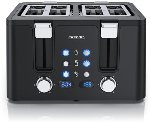 Arendo - Toaster 4 Scheiben Edelstahl - mit Brötchenaufsatz - LED Anzeige Restzeitanzeige – Doppelwandgehäuse - Defrost Funktion - Krümelschublade - 6 Bräunungsgrade - Schwarz