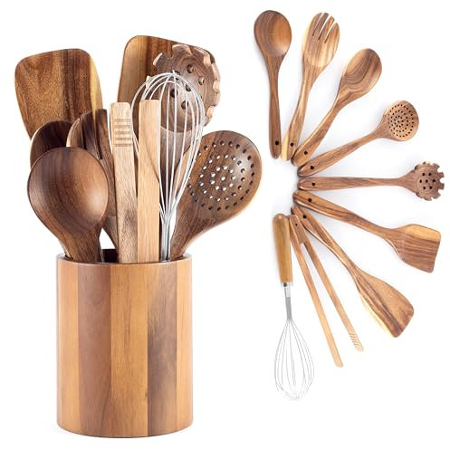 Hanseküche Küchenhelfer Set aus Holz - Grillzange, Schneebesen, Pfannenwender, Holzlöffel und Nudelschöpfer 9 teilig Löffel Teakholz (9er Set)