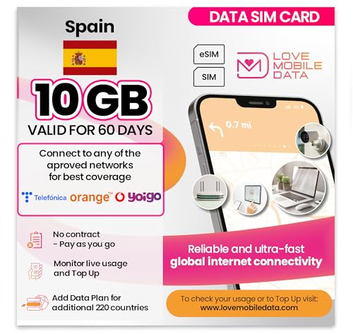 Love Mobile Data Only Sim Card - International Multi-Network 4G/5G Prepaid Pay As You Go Data Sim for Mobile Phones, WiFi Routers, & More, UK & Spain - 10GB for 60 Days