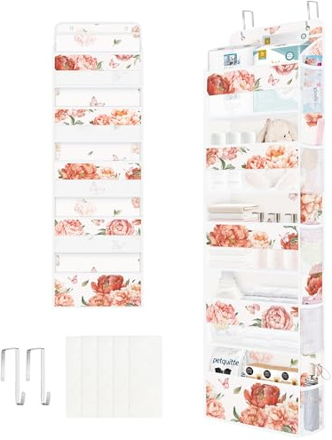 Clastyle Organizador Colgante Puerta Mujer Niña Flor Bolsa Almacenamiento Colgante para Pañales Ropa Juguetes Almacenaje Colgante para Dormitorio Baño Camping, Peonía, 5 Bolsillos