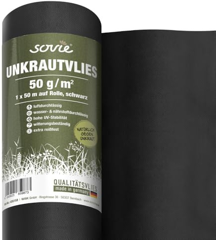 Sovie HORECA Gartenvlies-Rollen in Schwarz aus PP-Spinnvlies 50g/m², 1 m x 50 m, 1 Stück - Unkrautvlies unkrauthemmend Unkrautfolie wasserdurchlässig