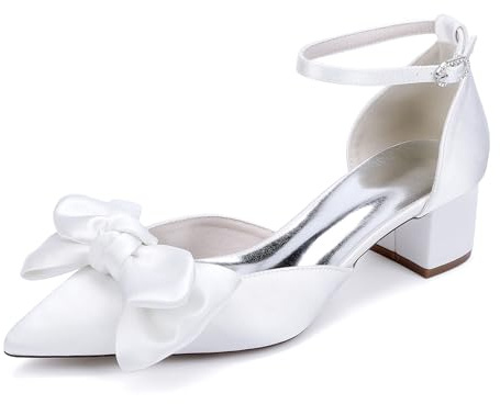 Scarpe da Sposa con Tacco Largo Décolleté in Raso con Fiocco Cinturino alla Caviglia A Punta da Donna,Bianca,40 EU