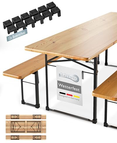 Beautissu 3tlg Bierzeltgarnitur 220x70 cm Holz - 1x Biertischgarnitur & 2X Biertisch Bierbank Bierzeltgarnitur klappbar - Bierbankgarnitur Biergartengarnitur Festzeltgarnitur Campingtisch Outdoor