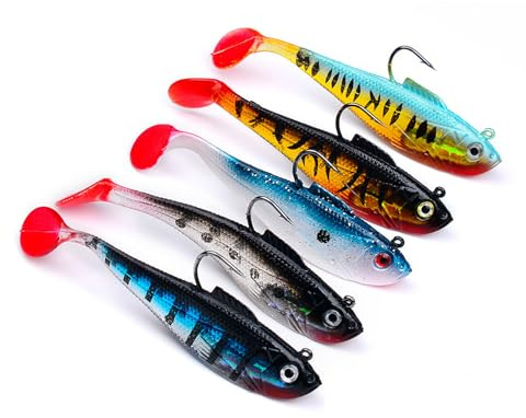 pclapora 5 Stück Gummifische Angelköder, Gummifische mit Jigkopf, Kunstköder Angelköder Set, für Forelle Zander Barsch Gummiköder Paddelschwanz Angel-Jigs Kaöderfische für Süß und Salzwasser (11CM)