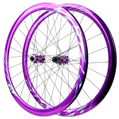 700C Rennrad-Laufradsatz Schnellspanner Vorder- Und Hinterrad Doppellagige Felgen Aus Aluminiumlegierung Scheibenbremse 24 Naben Für 8-12-Gang-Kassetten(Purple-Sign)