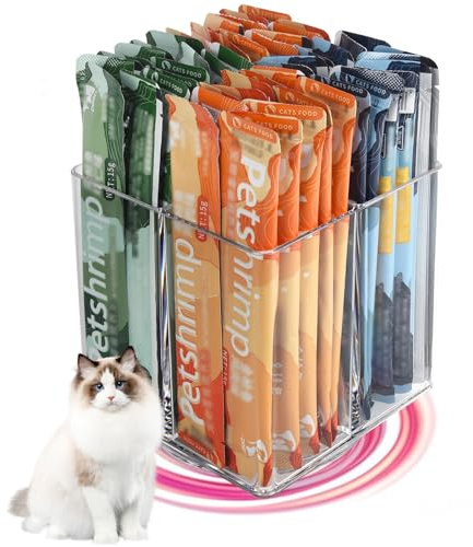 Lickable Cat Treats Organizer, Lazy susan Acrylic Squeeze Up Cat Food Storage Container, Essential storage for pet treats, Wet Cat Treats Storage for Kitchen Cabinet Pantry Shelf Countertop（Square）
