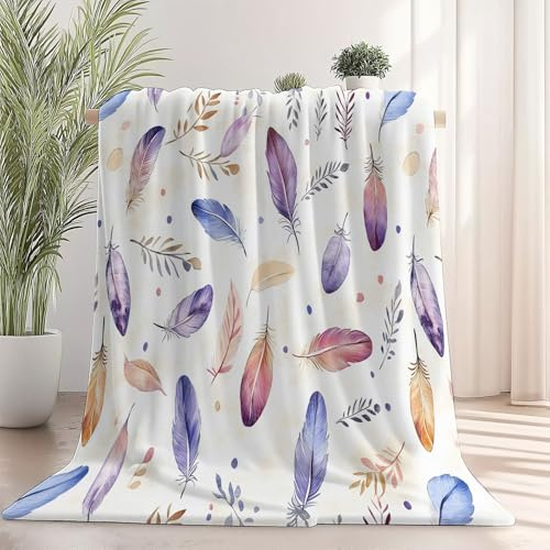 Genérico Manta de Franela con Estampado Plumas de Acuarela 220x240 cm, Manta Bohemia Felpa Sherpa mullida Suave, para Uso Diario para Mujeres y niñas Cama habitación sofá decoración