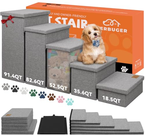 Zerbuger Hundetreppe für hohe Betten, zusammenklappbare Haustiertreppe, Geschenk für Hunde, Welpen, mit Stauraum für Bett, Couch, Katzen-Hunderampe, hält bis zu 90 kg (Grau, 5 Stufen mit Höhle (124,5