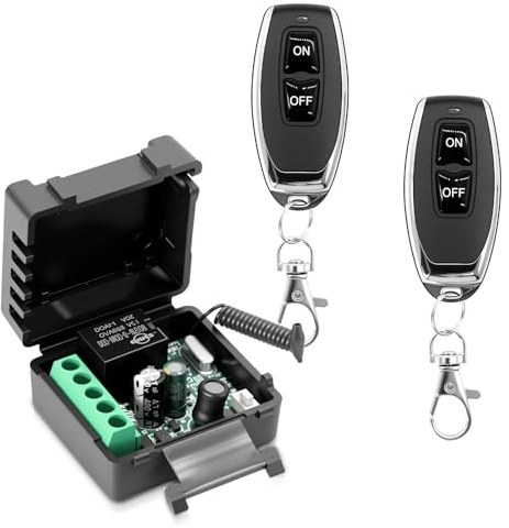 Interruptor de mando a distancia 220 V 230 V 1 canal con receptor de relé y 2 transmisores, llavero, contactos sin potencial, relé controlador para puertas de garaje, luces y aparatos eléctricos