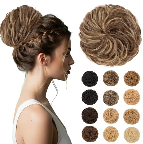 Haarteil mit Gummiband Dutt Haarteil Haargummi Lockig 45g Groß Dutt Haarteile Echthaar Unordentliche Hochsteckfrisuren Messy Bun Haarverlängerung für Damen Mädchen, #4/27 Mittelbraun/Honigblond
