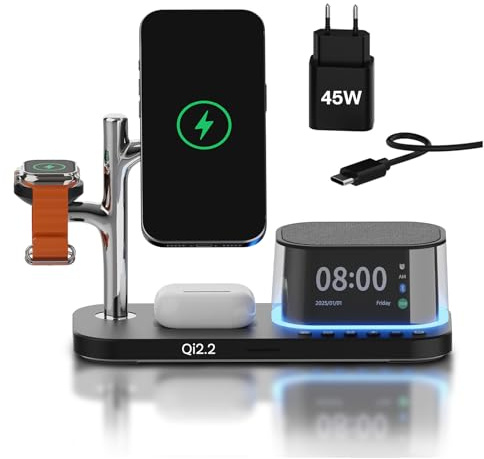 Trådlös Laddningsstation 5-i-1 med Alarm, Bluetooth-högtalare och LED-Nattlampa kompatibel med MagSafe från MMOBIEL – 25 W Qi2.2 Magnetisk Laddare för iPhone, Apple Watch – Svart