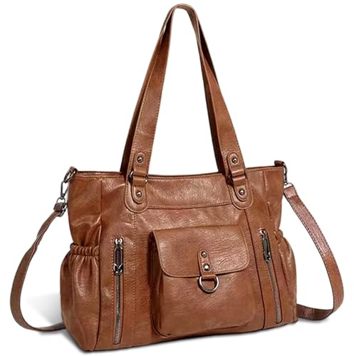 Gluckstar Damen Handtasche Umhängetasche Shopper Tasche Groß Aus PU Leder, Vintage Schultertasche, Crossbody Henkeltasche Modisch Wasserfest Für Alltag Büro Shopping Reise (Braun)
