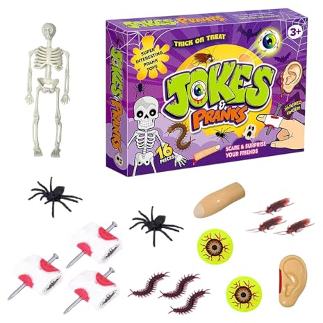 Ensemble de jouets de blague – Accessoires de farces fantaisie, accessoires amusants pour les fêtes, articles de blague classiques pour les jeux scolaires et de bureau, collection de cadeaux humoristi