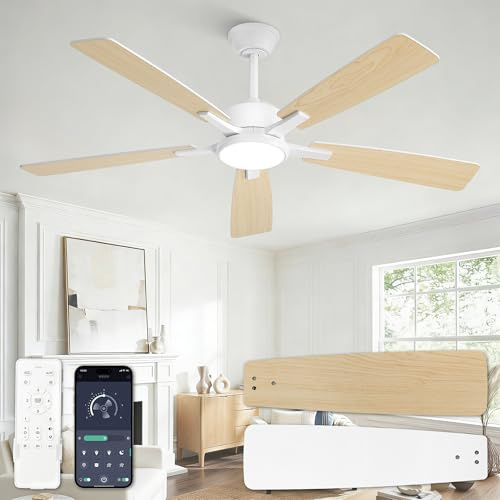 ZMISHIBO Ventilador de techo con luz 132 cm, Lámpara ventilador techo, Control por APP y mando,Motor DC silencioso, Reversible,LED 3CCT regulable con atenuación del 10% al 100%,Blanco y Madera