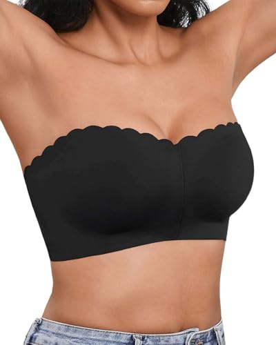 Yutdeng Reggiseno Senza Spalline Donna Reggiseno a Fascia Imbottito Push Up Invisibile Bra Antiscivolo Reggiseno Basic con Chiusura Frontale e Bordo Ondulato Reggiseno Senza Cuciture,Nero,M
