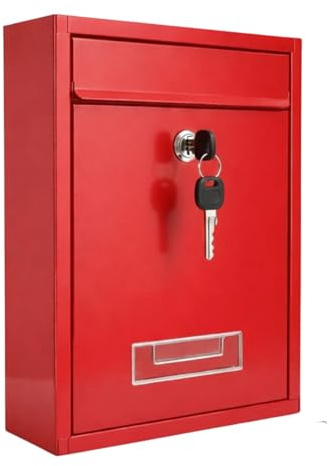 Assorted Collections Wall Mounted Lockable Letter Box | Modern Steel Post Box with Key | Weatherproof Outdoor Mailbox | A4 Compatible | 31 x 22 x 9 cm – Red