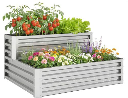 Outsunny Huerto Urbano de 2 Niveles Elevado 120x101x58 cm Plateado | Acero Galvanizado, Jardinera Exterior, Diseño de Escalera, Fondo Abierto, para Cultivos Plantas Herbaria, Terraza Jardín