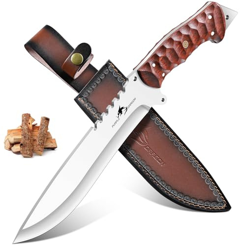 Purple Dragon Großes Outdoor Messer Survival D2 Stahl mit Säge - Holzgriff | Aus einem Stück D2 Stahl, Full Tang, Buchenholzgriff, Säge, Handschutz, Leder Scheide, Notglasbrecher, Jagd, Männergeschenk