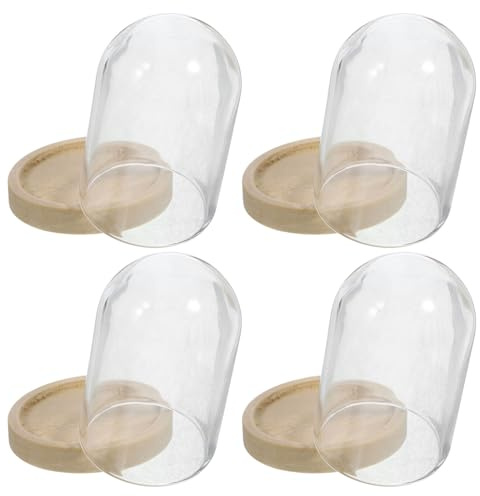 Lot de 4 Mini Cloches en Verre à Fleurs préservées 38 x 25 mm avec Base en Bois Naturel, Petite vitrine pour Micro Paysage, décoration de Maison de poupée et décoration d'intérieur.
