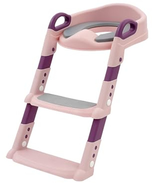 Toilettensitz Kinder mit Treppe, Toilettentrainer mit Toilettenleiter Kindertoilette, Toilettenaufsatz Pedal- Spritzschutz für Jungen und Mädchen Grau/Blau/Rosa (Rosa)