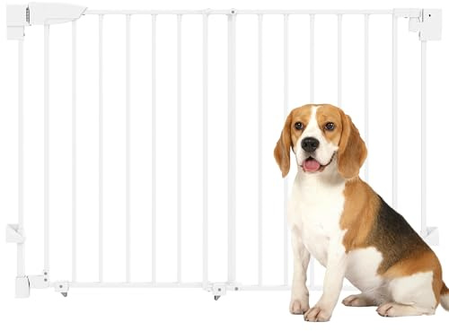 PawHut Barrera de Seguridad para Perros, Ancho 74,5-111,5 cm, Puerta para Perros para Puertas y Escaleras con Pestillo, Cierre Automático, Uso con Una Mano, Montada en la Pared, Sin Umbral, Blanco