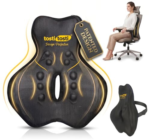 TostiTosti Lumbar Support Pillow for Office Chair, Car & Sofa | Activated Charcoal Memory Foam Back Cushion with Adjustable Strap, Non-Slip Base & Premium Carry Bag