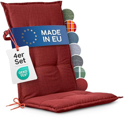 Homeoutfit24 Hochlehner Auflagen, Made in EU, 4er Set, Rot | 120x50 cm, Gartenstuhlauflagen Sitzauflagen, Oeko-Tex Zertifiziert, Hochlehner Polster