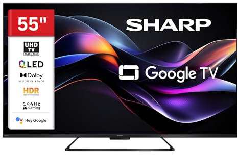 SHARP 55HR7765E QLED Fernseher 55 Zoll Google TV 4K UHD Smart TV 144Hz HDR | Dolby Vision IQ | HDMI 2.1 ALLM & VRR Gaming | Dolby Atmos | Google Assistant | Triple-Tuner DVB-C/-S2/-T2 | Modelljahr 2026