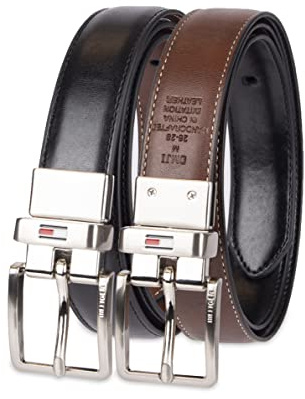 Tommy Hilfiger Big Boys Two in One Reversible Dress Belt, Schwarz/Cognac-Logo, Medium (26-28)