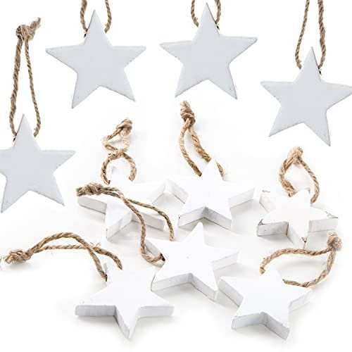 Stelle in legno bianche, 10 pezzi: ornamenti natalizi shabby chic per albero di natale e finestre, decorazioni natalizie da appendere rustiche, pendenti per regali e pacchetti, 7 cm