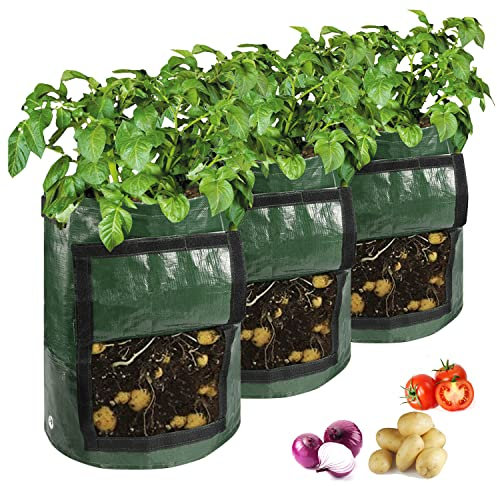 KOFULL Lot de 3 Sacs à plantes Sac Culture Pomme de Terre Sacs de Culture sac de plantation Respirants pour Pommes de Terre, tomates, Carottes, oignons, Fleurs et légumes, 34 x 35 cm Vert