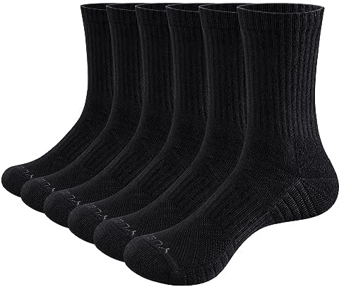 YUEDGE Mens Black Cotton Crew Socks Moisture Wicking Men's Socks Cushioned Walking Sports Socks for Men 9-12 UK, Performance Gym Tennis Workout Training Athletic Sock, Multipack, 6 Pairs
