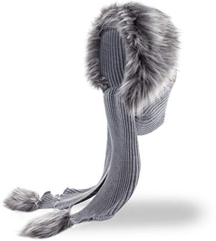 Futrzane Classic Kapuzenschal - Winter Schalmütze Damen - Mützenschal mit Fell (Grau - Asche Classic)