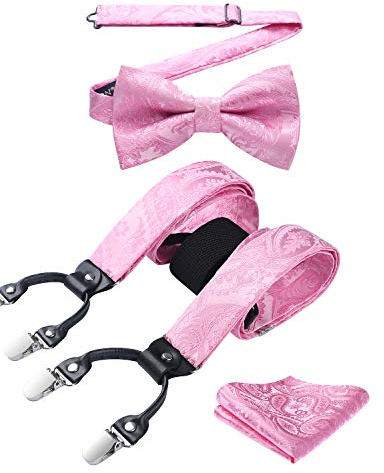 HISDERN Rosa Hosenträger für Herren Paisley Y Form und Längenverstellbar Hosenträger mit 6 starken Clips und Fliege mit Einsteckuch