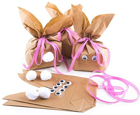 Osterhasen-Geschenktüten, 5 Stück: Hasen-Tüten zum Befüllen, Ostertüten Braun, DIY Osternester Kinder, Papiertüten Ostern, Kraftpapiertüten Ostergeschenke, Osterverpackungen, Rosa, 19,5 x 29 x 7,5 cm
