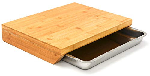 DuneDesign Bambus Schneidebrett mit Auffangschale Edelstahl - 49x37x8cm Arbeitsbrett Küche Schneidebrett für Arbeitsplatte Holzbrett mit Auffangschale Bambus Küchenhelfer Schneidbrett mit Schublade