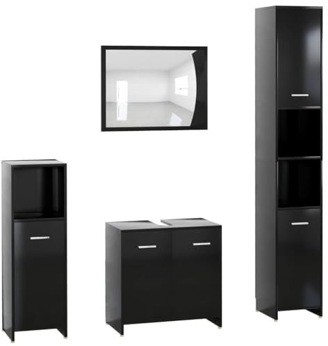 vidaXL Badmöbel Set 4-TLG. Spiegel Unterschrank Badschrank Midi Schrank Hochschrank Badezimmermöbel Waschbeckenunterschrank Schwarz Holzwerkstoff