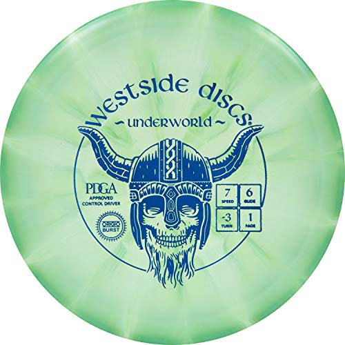 Westside Discs Origio Burst Underworld Fairway Disc Golf Driver | Straight Flying Frisbee Golf Driver | Nybörjarvänlig Disc Golf-skiva | 170 g Plus | Stämpelfärg och bristande mönster varierar (grön)