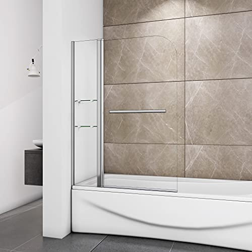 Acezanble pare-baignoire 100x140cm avec les étagères, porte-serviette, pare de douche pivotant, 6 verre trempé sécurit