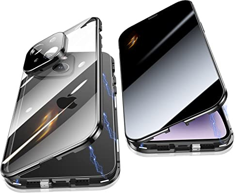 Jonwelsy Anti Peeping Hülle für iPhone 14 (6.1), 360 Grad Schutz Case, Privatsphäre Gehärtetes Glas Anti-Spähen Cover, Stark Magnetische Adsorption Metallrahmen Handyhülle für iPhone 14 (Schwarz)