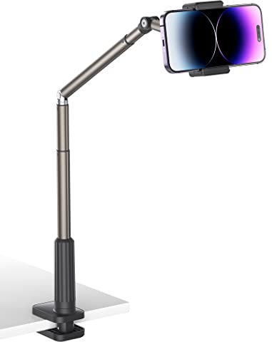 JSAUX Handy Halter mit justierbarem langem Arm für Schreibtisch & Bett, Handystütze, Mobil-Ständer, Handyhalter, Handy-Ständer, Telefonhalter kompatibel mit iPhone 15/15 Pro/15 Plus/14 etc. [Schwarz]
