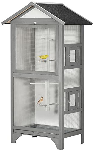 PawHut Voliera Gabbia per Uccellini da Esterno in Legno di Abete, 3 Aperture con Blocco 4 Posatoi e Vassoio Rimovibile, Grigio Chiaro, 80.5x57x153cm