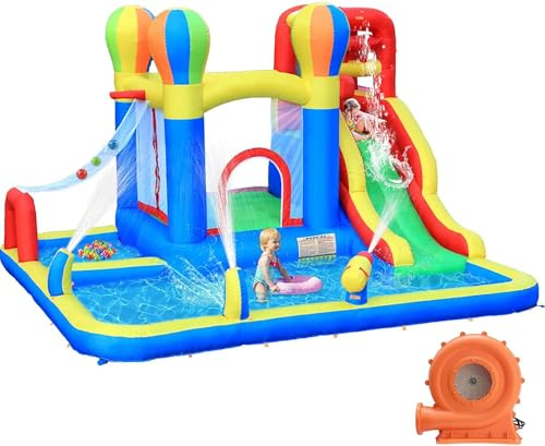 Ballsea Bouncy Castle, Inflatable Bounce House Water Slide with Surprise Dump Bucket, Double Splashing Pools, Climbing Wall, Water Sprayers, Cannons and Blower for Kids Outdoor Indoor Play