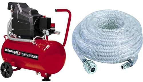 Einhell Compresor TC-AC 190/24/8 (depósito de 24 l, lubricación por aceite, reductor de presión, manómetro + acoplamiento rápido, válvula antirretorno, soporte con tope de goma) + Manguera tela 15 m