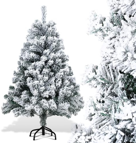 Tubiaz Künstlicher Weihnachtsbaum mit Schnee, 120cm Künstlicher Christbaum für Weihnachtsdeko, Tannenbaum mit 340 Spitzen PVC und Metallständer, Schnellmontagesystem